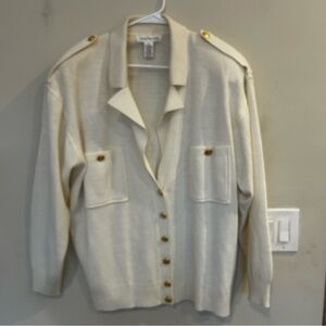 Jones New York Cream White Knit Sweater gold buttons padded shoulders wool sz 2X